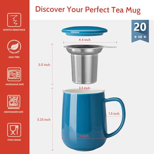Sweese كوب شاي بورسلين سويسي مع مصفاة وغطاء، 20 أونصة، أزرق فولاذي، آمن للاستخدام في الميكروويف، قابل لإعادة الاستخدام - Image 2