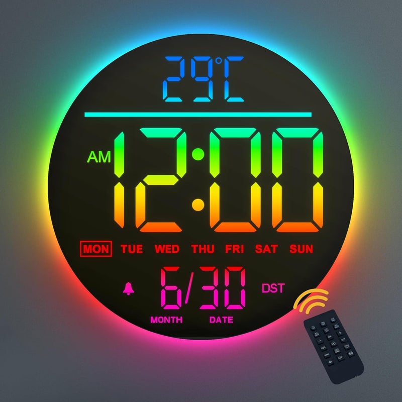 Mee 2ou 10 Inch Digital Wall Clock with Night Light, Alarm, Remote Control, 11 RGB Colours, Auto Brightness, Temperature Display, Date & Day of the Week, Modern Electric LED Wall Clock for Bedroom and - Image 1