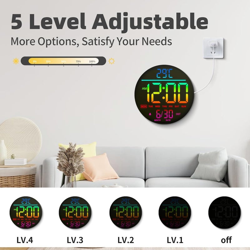 Mee 2ou 10 Inch Digital Wall Clock with Night Light, Alarm, Remote Control, 11 RGB Colours, Auto Brightness, Temperature Display, Date & Day of the Week, Modern Electric LED Wall Clock for Bedroom and - Image 5