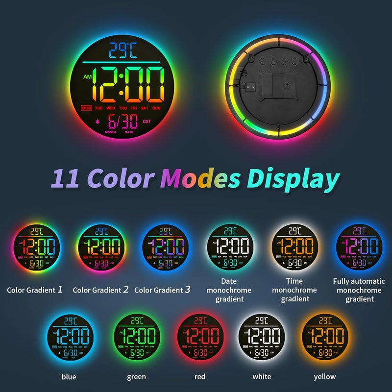 Mee 2ou 10 Inch Digital Wall Clock with Night Light, Alarm, Remote Control, 11 RGB Colours, Auto Brightness, Temperature Display, Date & Day of the Week, Modern Electric LED Wall Clock for Bedroom and - Image 3