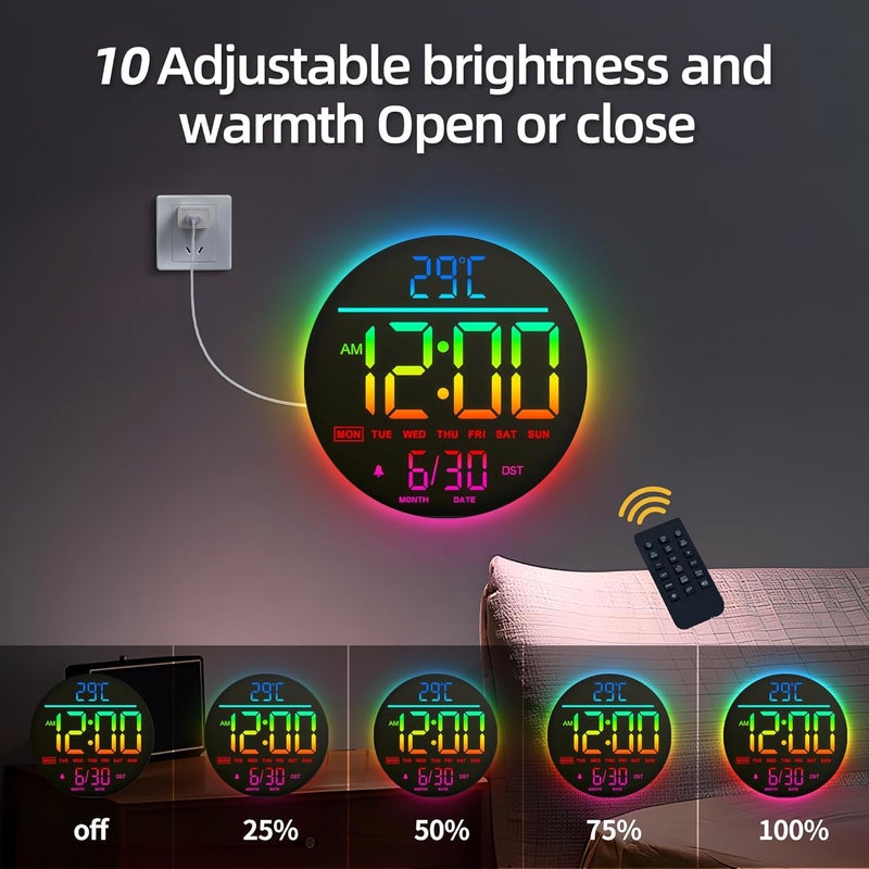 Mee 2ou 10 Inch Digital Wall Clock with Night Light, Alarm, Remote Control, 11 RGB Colours, Auto Brightness, Temperature Display, Date & Day of the Week, Modern Electric LED Wall Clock for Bedroom and - Image 4