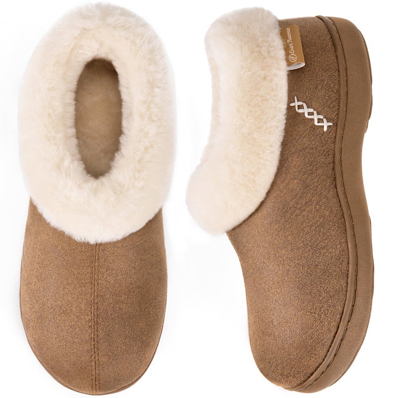 EverFoams Women's Micro Suede Cozy Memory Foam Winter Slippers with Fuzzy Faux Fur Collar and Indoor Outdoor Rubber Sole (Tan, Size 7-8 M US) - Image 1