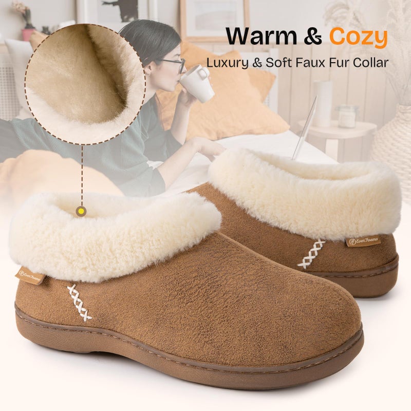 EverFoams Women's Micro Suede Cozy Memory Foam Winter Slippers with Fuzzy Faux Fur Collar and Indoor Outdoor Rubber Sole (Tan, Size 7-8 M US) - Image 3