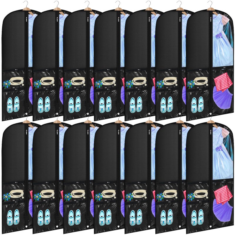 Geelin 14 Pcs Garment Bags for Dance Costumes PVC Clear with Zippers 20 x 40 Inch Garment Bag with Pockets Dance Costume Organizer Carrier for Storage Cover for Adult(Black) - Image 1