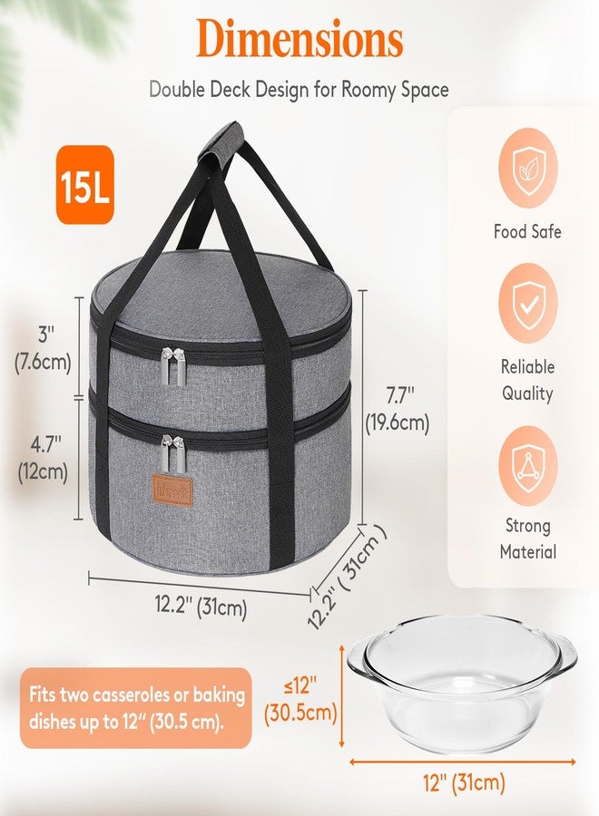 Lifewit Insulated Double Decker Round Casserole Carrier, Portable Pie Carrier Bag for Hot or Cold Food, Fits 12.5" Baking Dish, Thermal Lunch Tote for Potluck Parties, Picnic and Cookouts, Grey - Image 2