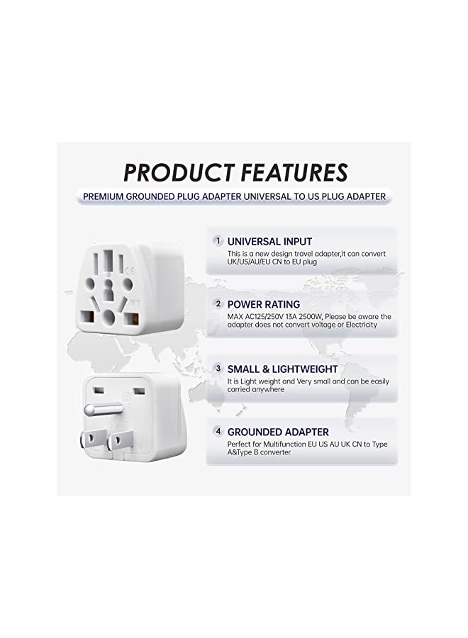 promass World to US Travel Adapter (3-Pack), White Universal 3-Prong Power Solution - Converts EU/JP/AU/UK/CN to US, Safe & Versatile Wall Charger for Smartphones, Laptops & More - Stylish Design - Image 3