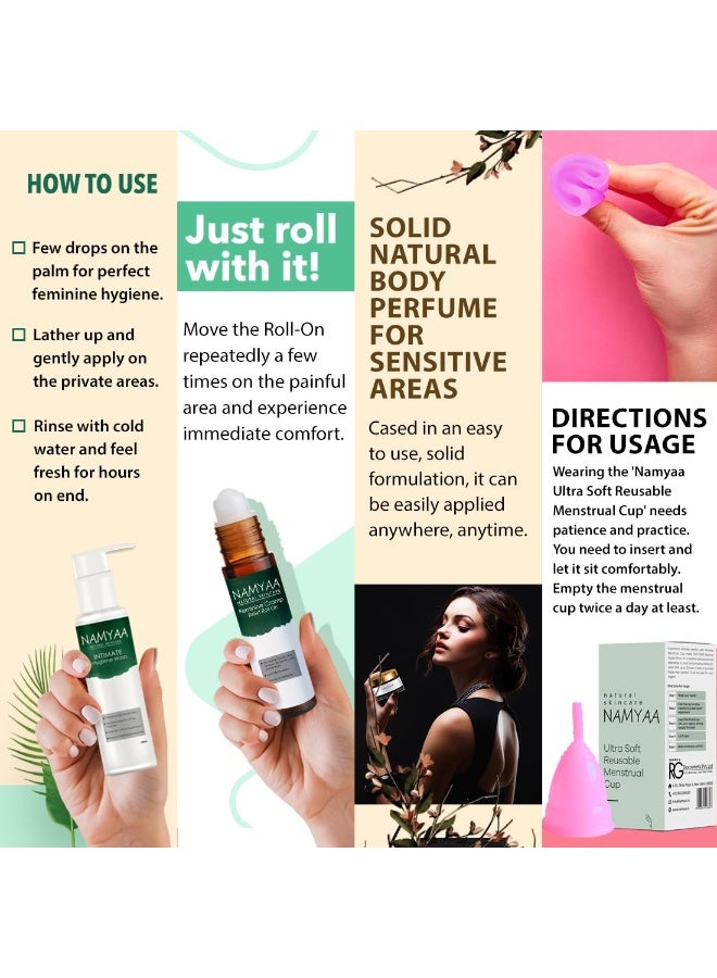 Namyaa Period Care Kit- Feminine Cramp Roll on, Intimate wash, Solid Body Perfumes, Menstrual Cup (Small) - Image 3