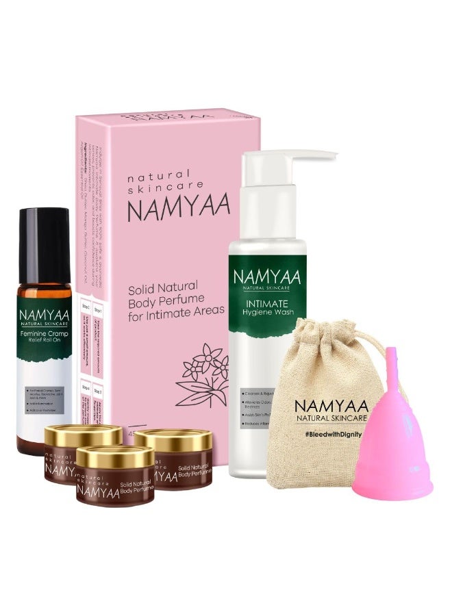 Namyaa Period Care Kit- Feminine Cramp Roll on, Intimate wash, Solid Body Perfumes, Menstrual Cup (Small) - Image 1