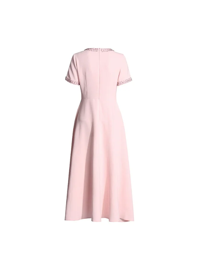 Madam Uniq Elegant Pink Bow - Embellished Dress, Short Sleeves & Midi Length, Casual/Formal Outfit