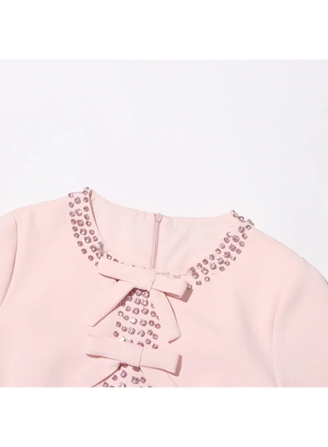 Madam Uniq Elegant Pink Bow - Embellished Dress, Short Sleeves & Midi Length, Casual/Formal Outfit