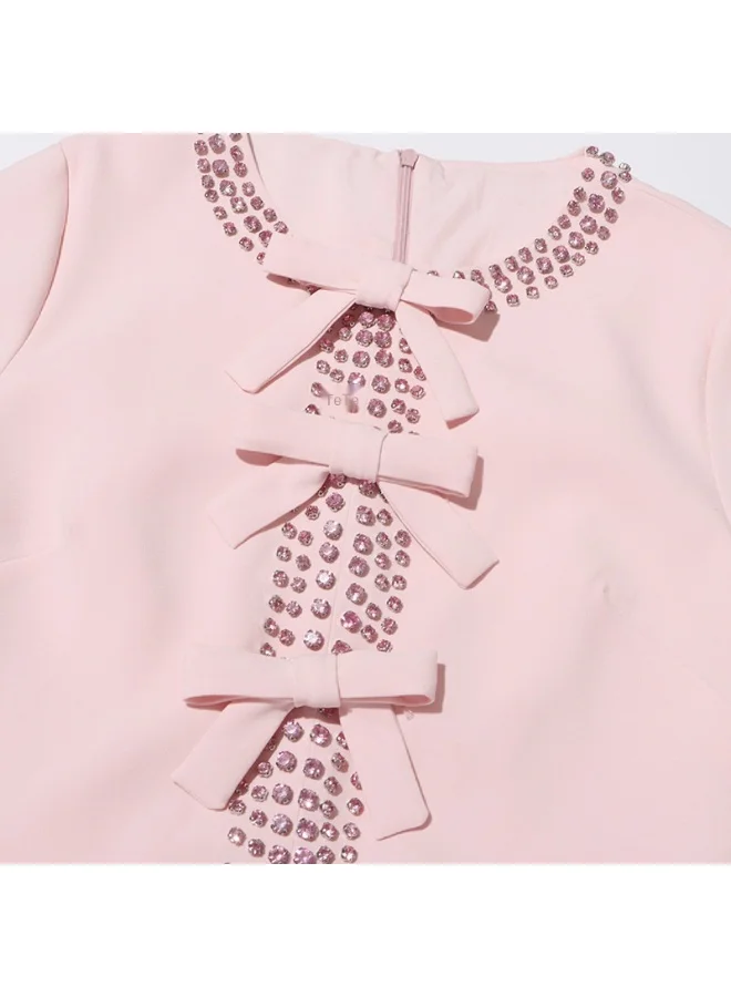 Madam Uniq Elegant Pink Bow - Embellished Dress, Short Sleeves & Midi Length, Casual/Formal Outfit