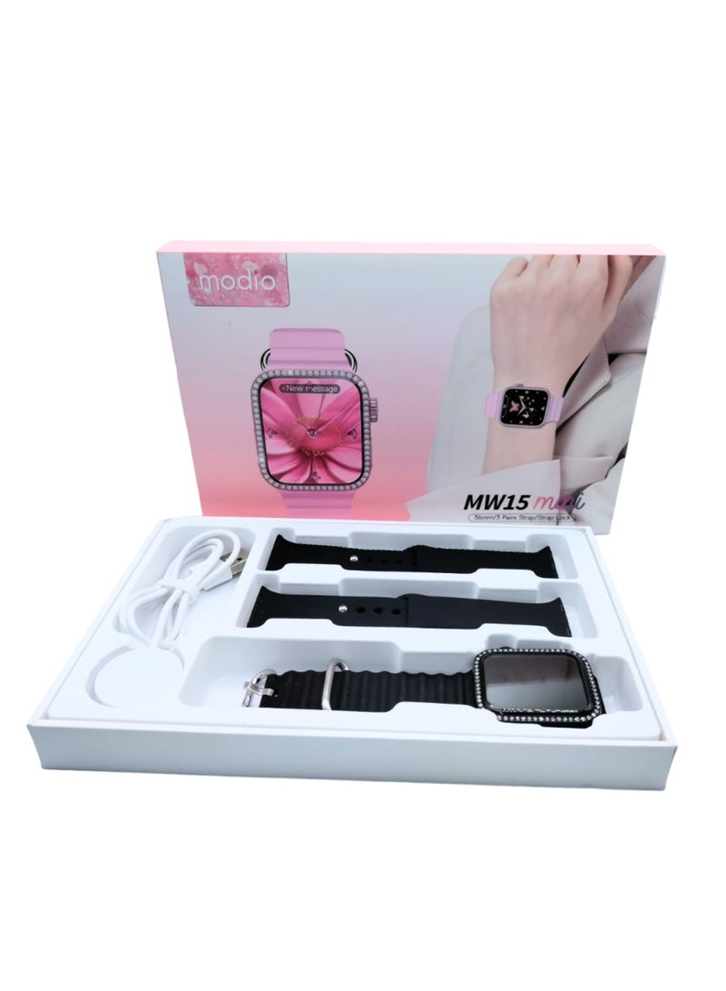 modio MW15 Mini Smartwatch 36MM with 3 Pairs Strap and Secure Strap Lock, Fitness Tracker, Heart Rate & Sports Mode, Waterproof, Compatible with Android & iOS – Black - Image 2