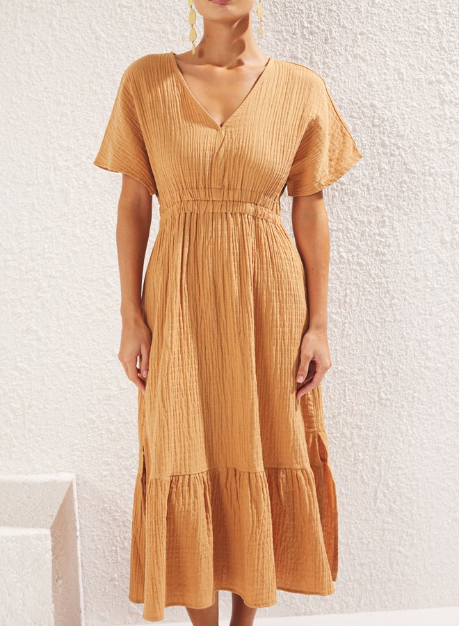 trendyol Beige Maxi Woven Gathered Detailed Muslin Beach Dress - Image 4