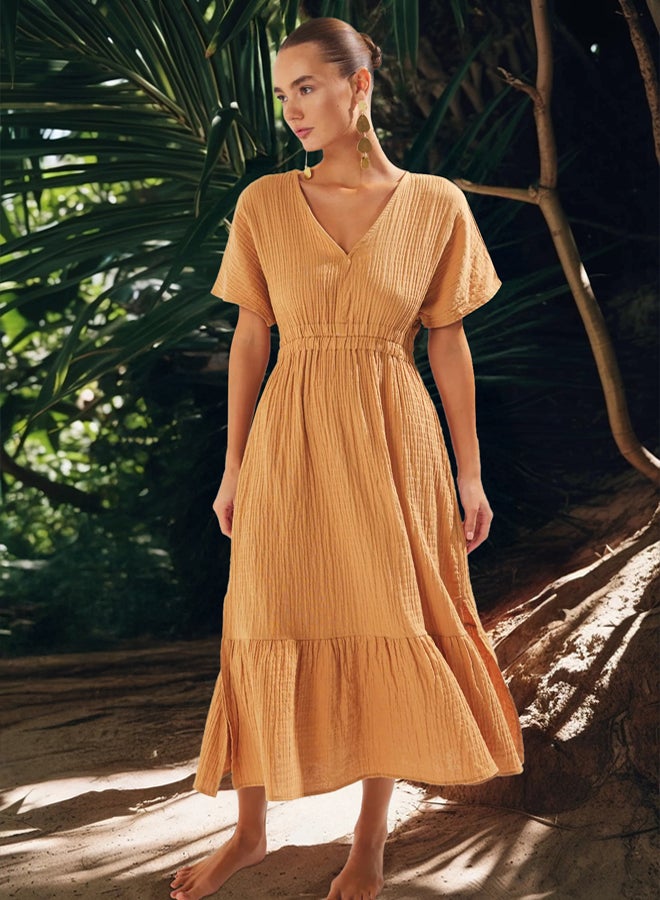 trendyol Beige Maxi Woven Gathered Detailed Muslin Beach Dress - Image 1