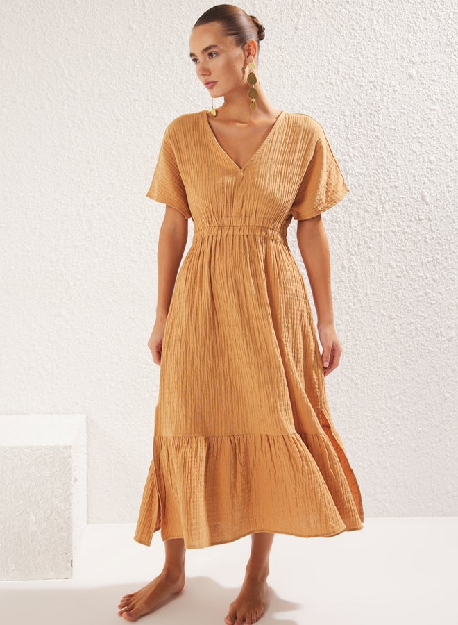 trendyol Beige Maxi Woven Gathered Detailed Muslin Beach Dress - Image 3