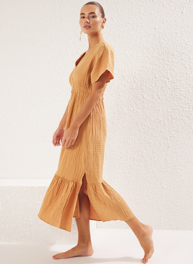 trendyol Beige Maxi Woven Gathered Detailed Muslin Beach Dress - Image 2