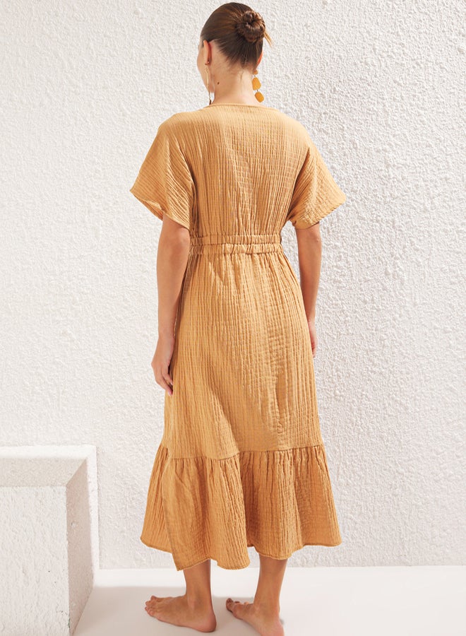 trendyol Beige Maxi Woven Gathered Detailed Muslin Beach Dress - Image 5
