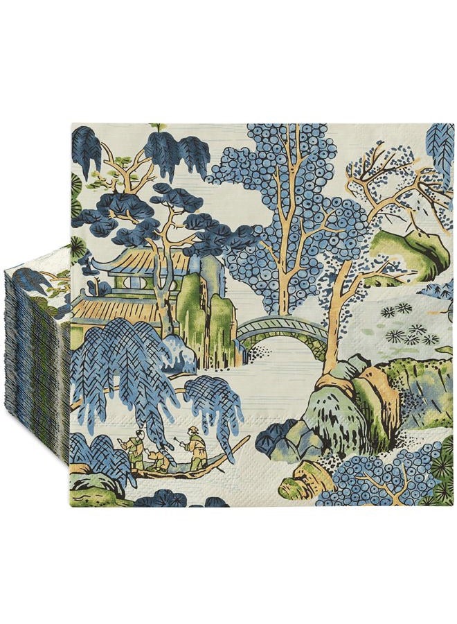 AnyDesign 50 Pcs Chinoiserie Paper Napkins Vintage Farmhouse Oriental Disposable Napkins Blue Green Luncheon Dinner Napkin for Party Table Decor Supplies - Image 1