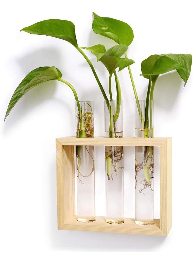 yongsheng Wall Hanging Plant Propagation Glass Planter Station 3 Tubes with Wood Stand Flower Vase Desktop  Beige  - Image 1