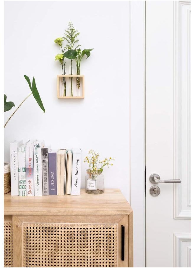yongsheng Wall Hanging Plant Propagation Glass Planter Station 3 Tubes with Wood Stand Flower Vase Desktop  Beige  - Image 2