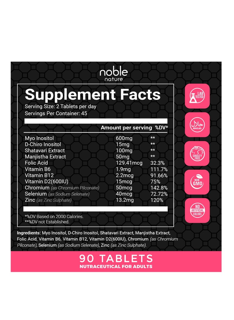 نوبل نيتشر - مكمل توازن PCOS - 90 قرصًا نباتيًا - ميو-اينوزيتول و D-شيرو اينوزيتول ، نسبة طبيعية 40: 1 - Image 1