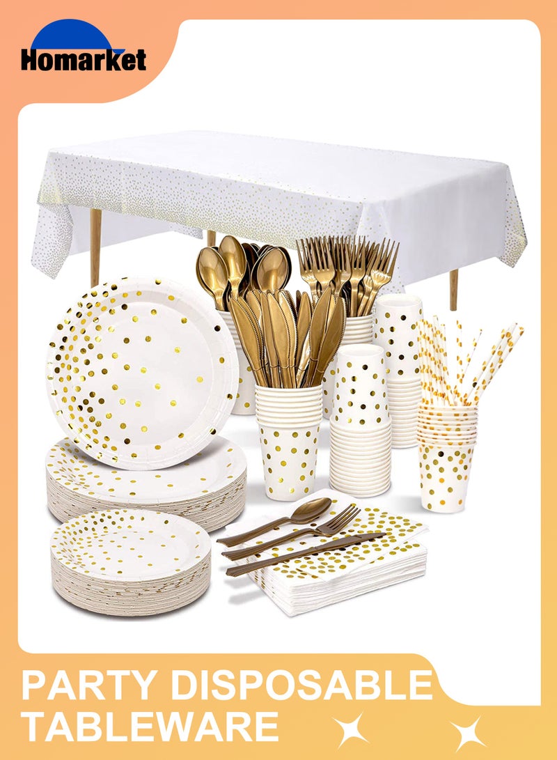 HomarKet 201 Pcs Serves 25 Heavy Duty White Gold Disposable Party Supplies With Paper Party Plates, Napkins, Cups, Spoons, Forks For Wedding, Birthday, Anniversary, Graduation Dinnerware Set - Image 1