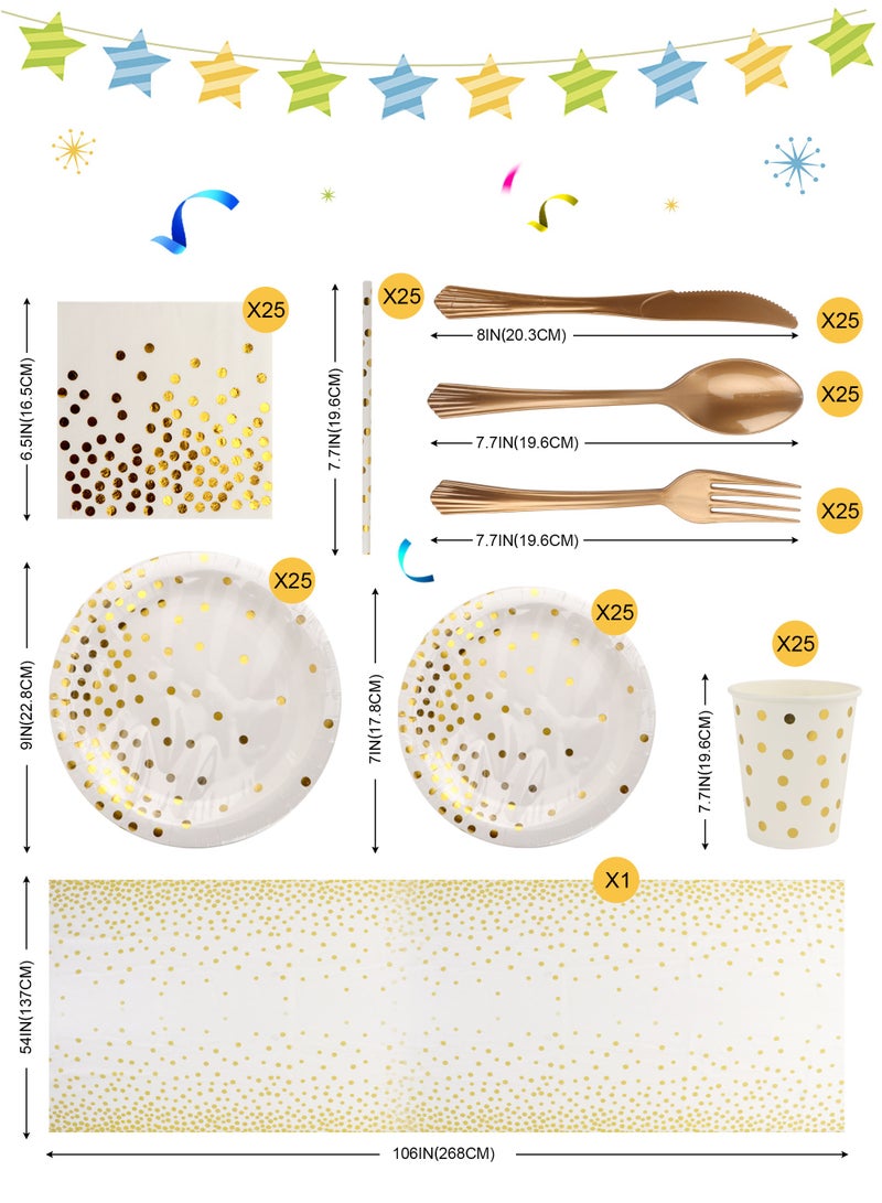 HomarKet 201 Pcs Serves 25 Heavy Duty White Gold Disposable Party Supplies With Paper Party Plates, Napkins, Cups, Spoons, Forks For Wedding, Birthday, Anniversary, Graduation Dinnerware Set - Image 4