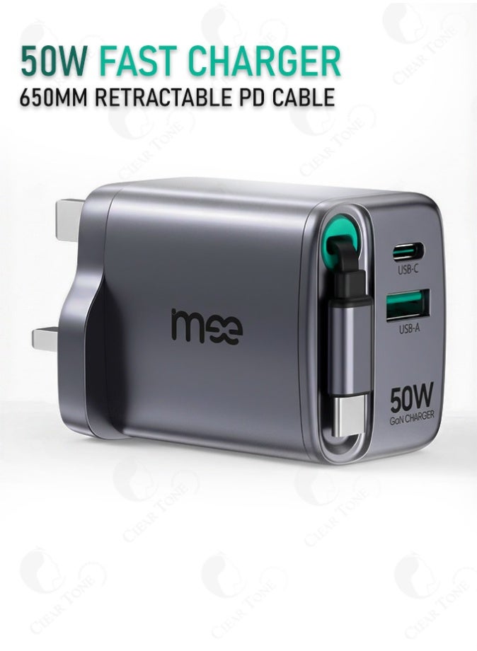 آیمی أفضل شاحن سريع GaN ۵۰وات بثلاثة أطراف توصيل في المملكة المتحدة | كابل USB-C قابل للسحب بطول ۶۵۰ مم | مزود بمدخلات USB-C + USB-C + USB-A مدمجة | شريحة IC ذكية، منخفضة الحرارة، محول شحن سريع متعدد الأجهزة - Image 1