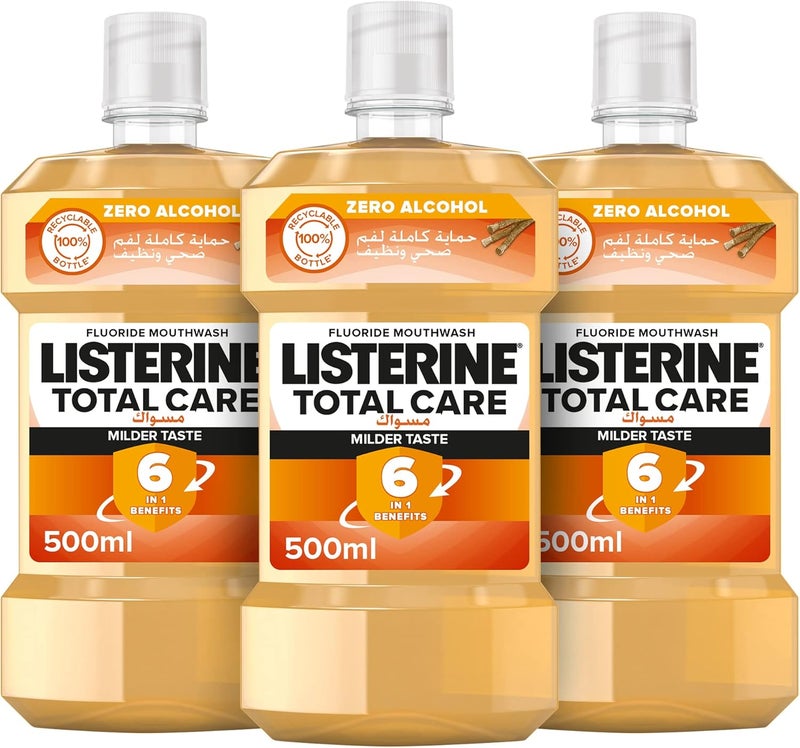 Listerine Total Care Miswak Milder Taste Mouthwash 500ml, 2 + 1 Free Pack - Image 1