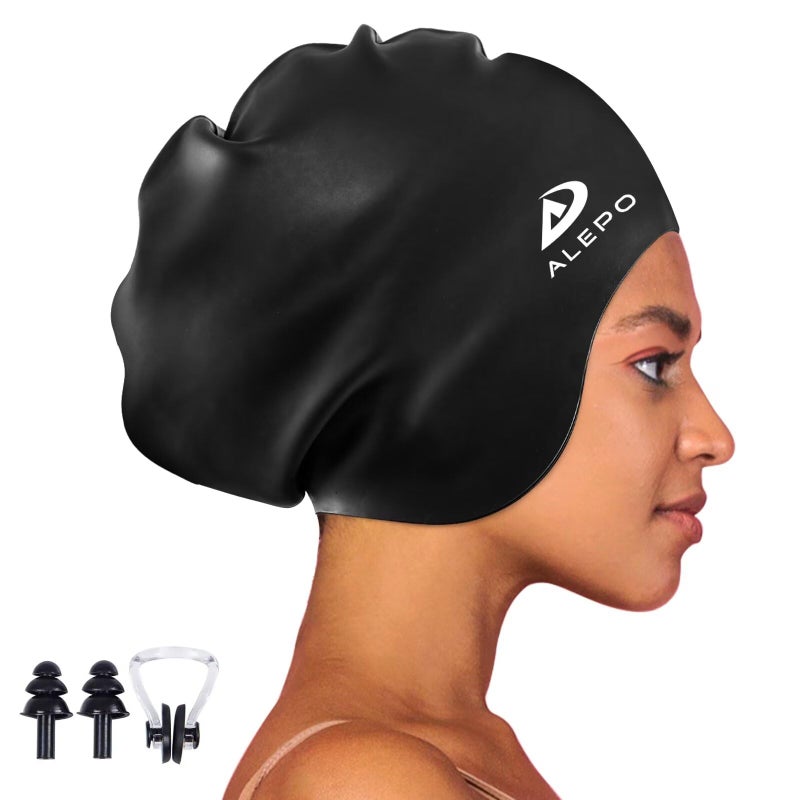 Alepo Extra Large Swim Cap for Women Men, Durable Silicone Swimming Hat with Ear Protection, Unisex Adults Bath Swimming Caps for Long Thick Curly Hair & Dreadlocks Braids Weaves Afro Hair - Image 1
