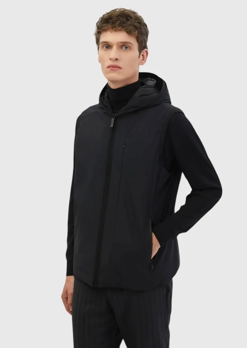 رامسي سترة سوداء عادية بغطاء رأس منفوخة منسوجة غير رسمية