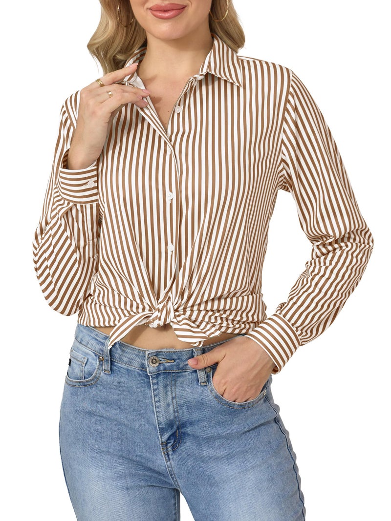 COUXILY Striped Button Down Shirts Business Casual Outfits for Women Dress Long Sleeve Silk Shirt Formal Blouses Collared Office Work Dressy Up Tops Blouse Wrinkle Free Brown and White Size S - Image 4
