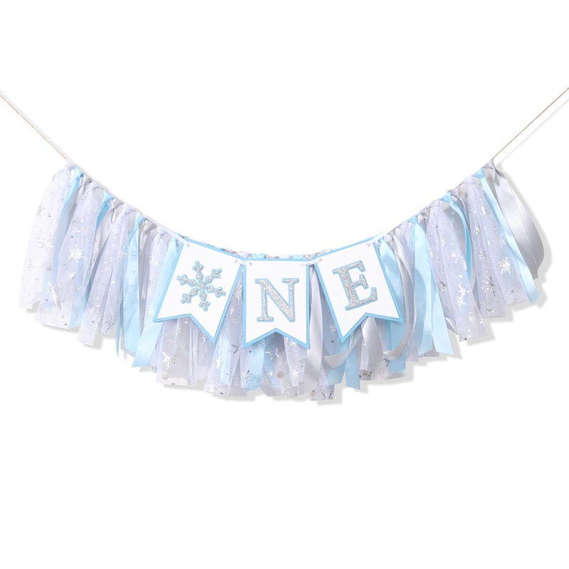 UOAOU Onederland High Chair Banner - 1st Birthday Snowflake Decorations, Blue & Silver Winter Wonderland Themed - Image 3