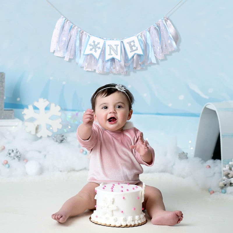 UOAOU Onederland High Chair Banner - 1st Birthday Snowflake Decorations, Blue & Silver Winter Wonderland Themed - Image 5