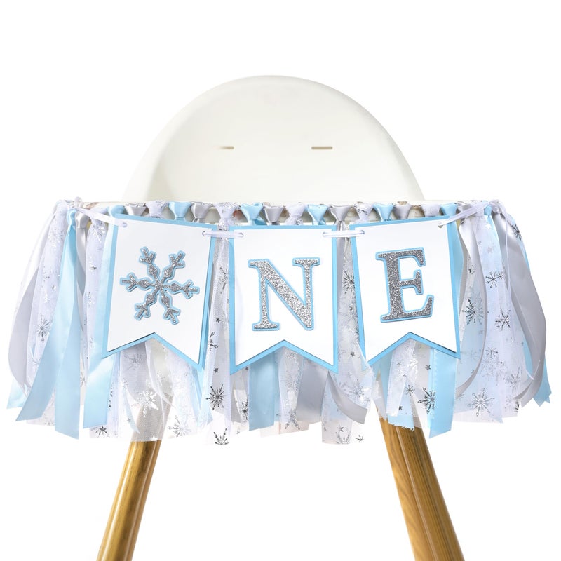 UOAOU Onederland High Chair Banner - 1st Birthday Snowflake Decorations, Blue & Silver Winter Wonderland Themed - Image 1