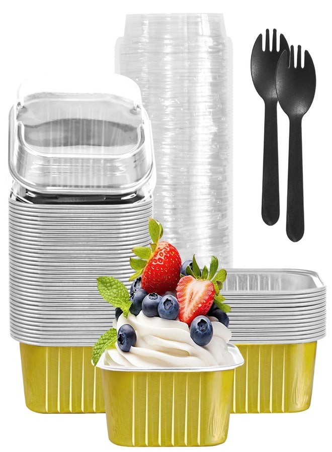 YOIYINI Graduation Party 50Pcs Aluminum Foil Mini Square Baking Cups,5oz Disposable Ramekins Cupcake Cups,Mini Aluminum Pans with Lids,Cup Cake Container with Lid,Square Cupcake Liners for Muffin(50, Gold) - Image 1