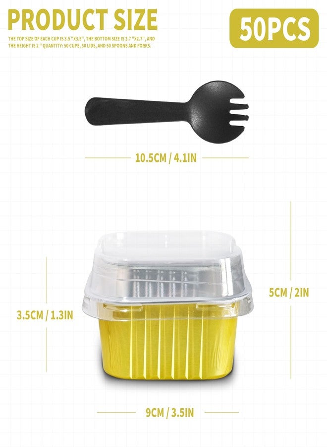 YOIYINI Graduation Party 50Pcs Aluminum Foil Mini Square Baking Cups,5oz Disposable Ramekins Cupcake Cups,Mini Aluminum Pans with Lids,Cup Cake Container with Lid,Square Cupcake Liners for Muffin(50, Gold) - Image 2