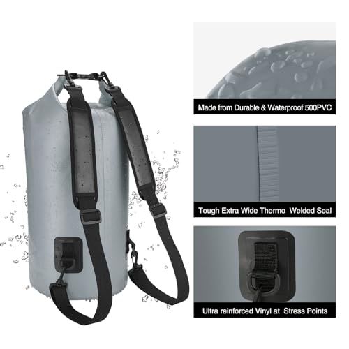 Piscifun Dry Bag, Waterproof Floating Backpack 10L with Waterproof Phone Case for Boating, Kayaking, Fishing, Grey 10L - Image 5