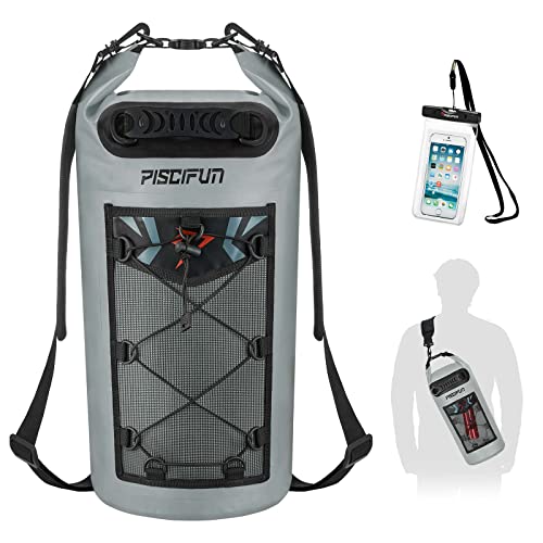 Piscifun Dry Bag, Waterproof Floating Backpack 10L with Waterproof Phone Case for Boating, Kayaking, Fishing, Grey 10L - Image 1