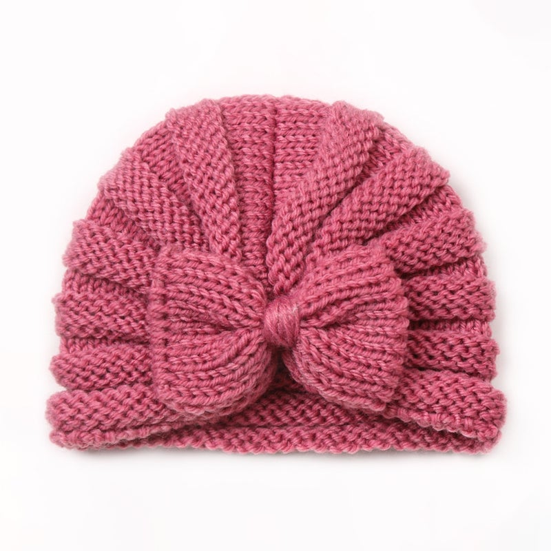 Autumn Winter Baby Butterfly Knot Knit Cap Warm Leather powder 