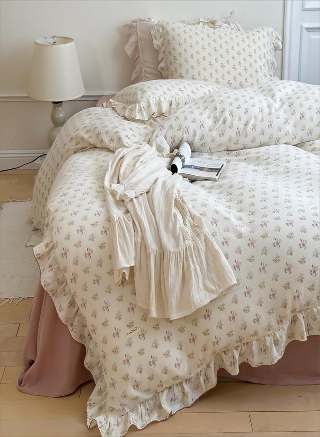 BuLuTu Cotton Muslin Kids Duvet Cover Set Twin Size, Shabby Chic Azalea Floral Comforter Cover with Ruffles, Kids Teens Girls Boys Bedding Set, Soft Lightweight Quilt Cover with 2 Pillowcases - Image 1