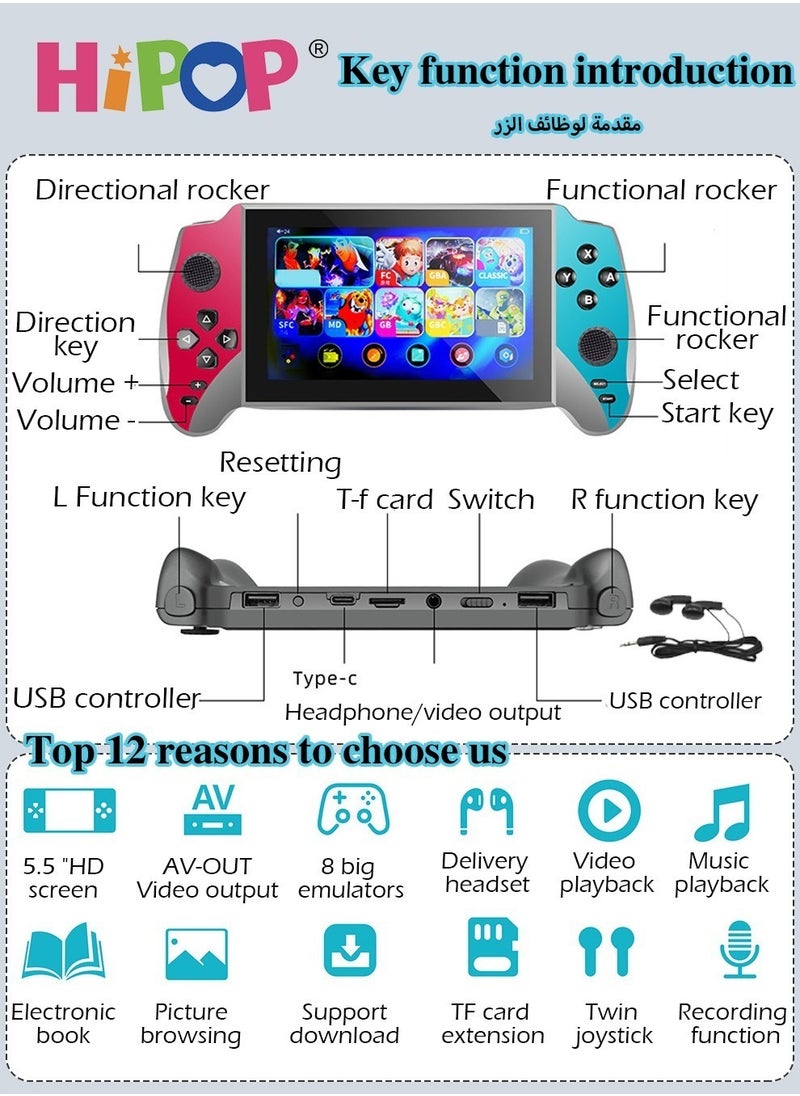 HIPOP - Handheld Game Consoles for Kids,Featuring 5.5 Inch HD Screen and Retro Arcade Games,Equipped with High Capacity 3000mAh Battery,Including Free Headphones,3000 in 1 Video Gaming Experience - Image 1