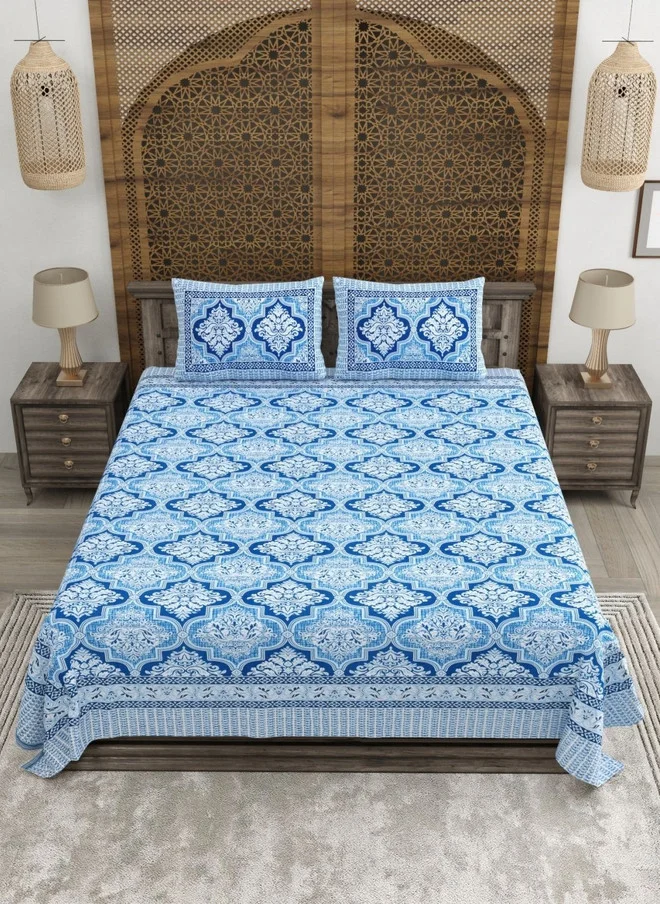 CLOTHOLOGY CLOTHOLOGY Blue & White Printed Pure Cotton 180 TC King Bedsheet Set