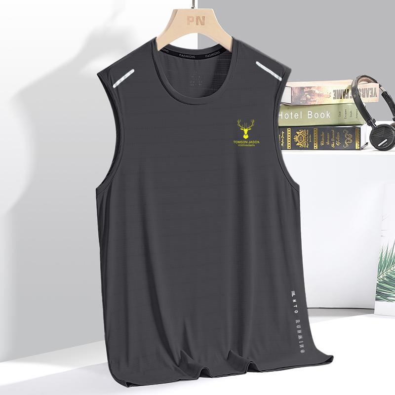 Ice Silk Vest Mens Trendy Thin Round Neck Mesh Breathable Quick-drying Sports Wide Waistcoat Mens Sleeveless Summer Antler [gray]]  - Image 1