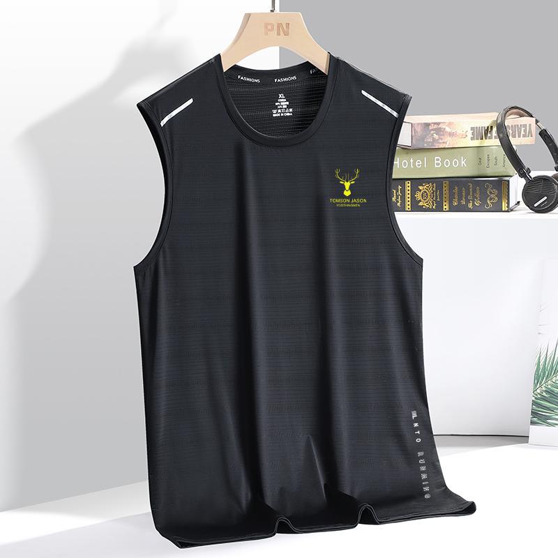 Ice Silk Vest Mens Trendy Thin Round Neck Mesh Breathable Quick-drying Sports Wide Waistcoat Mens Sleeveless Summer Antler [gray]]  - Image 2