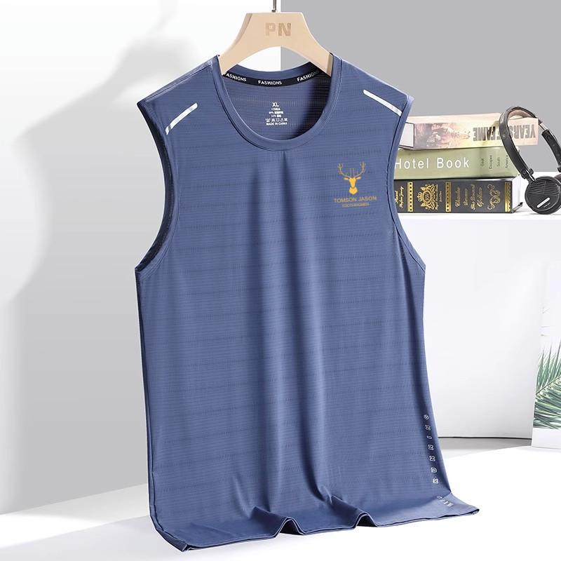 Ice Silk Vest Mens Trendy Thin Round Neck Mesh Breathable Quick-drying Sports Wide Waistcoat Mens Sleeveless Summer Antler [gray]]  - Image 4