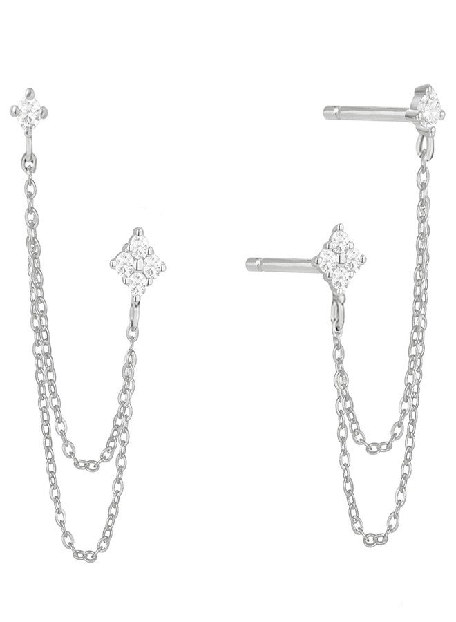 BUAEL 925 Sterling Silver Four Zircons Flower Stud Earrings For Women | Double Studs Chain Tassel Piercing Earring | Gold Plated Double Piercing Dangle Chain Earrings Jewelry Gifts for Women - Image 1