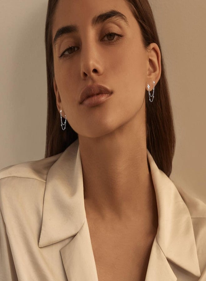 BUAEL 925 Sterling Silver Four Zircons Flower Stud Earrings For Women | Double Studs Chain Tassel Piercing Earring | Gold Plated Double Piercing Dangle Chain Earrings Jewelry Gifts for Women - Image 4