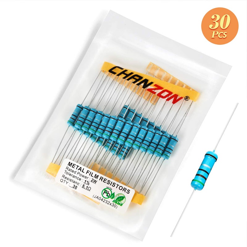 CHANZON 30pcs 2W 5.1 Ω ohm 5r1 Metal Film Fixed Resistor 0.01 ±1% Tolerance 5.1R MF Through Hole Resistors Current Limiting Rohs Certificated - Image 5
