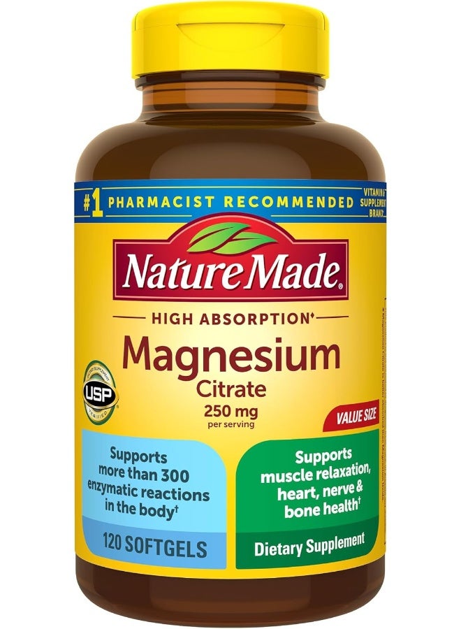 Nature Made Magnesium Citrate 250 mg per serving, Dietary Supplement for Muscle, Nerve, Bone and Heart Support, 120 Softgels, 60 Day Supply - Image 1